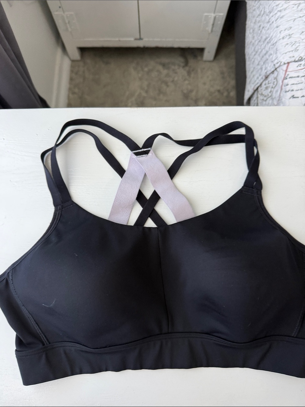 Black Strappy Women's Sports Bra with white  Cross-Back